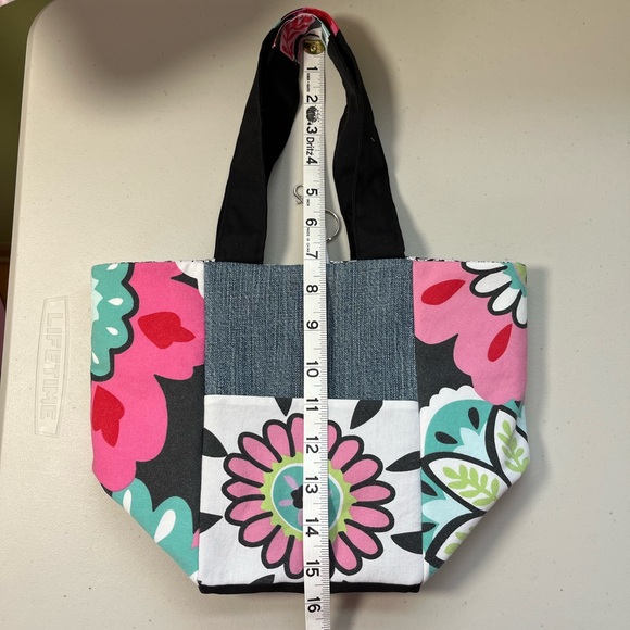 Upcycled, One Of A Kind Vibrant Floral Fabric & Denim Patchwork Bag - Picture 15 of 16